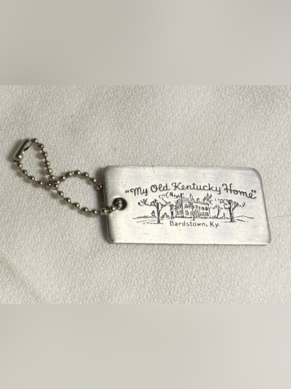 Vintage My Old Kentucky Home Silver-tone or Pewter Keychain Tag - 2”